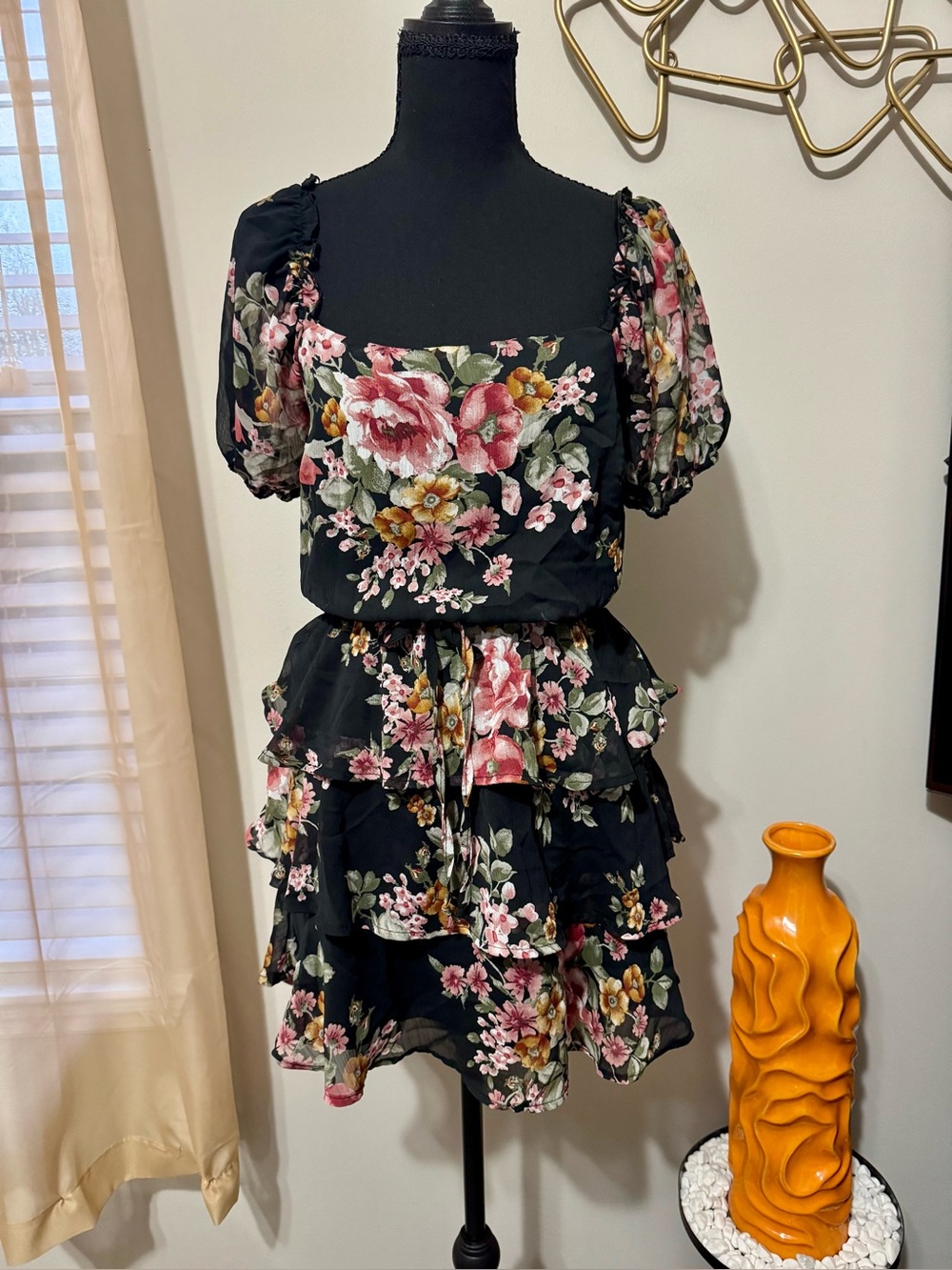 Black Floral Tiered Mini Dress